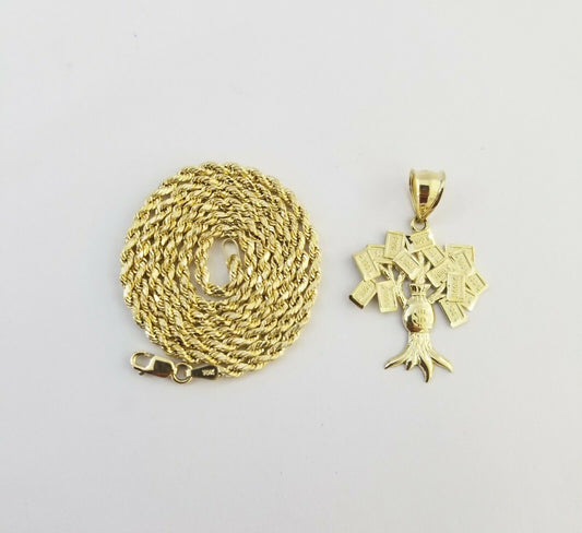 10k Yellow Gold Money Tree Pendant with 18 inch rope chain 3mm,10kt gold set