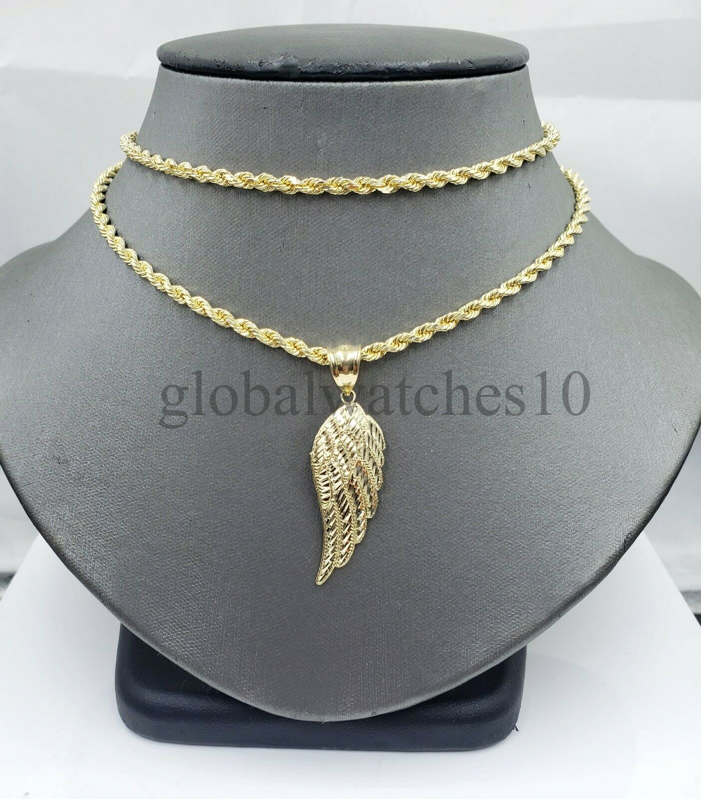 10k Yellow Gold Pendant Angle Wing 10k Gold Rope Chain Men Women Cross