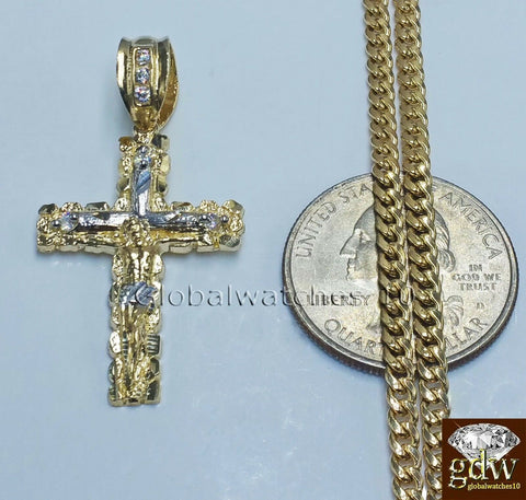 10k Yellow Gold Jesus Cross Charm Pendant 26" Miami Cuban Chain Necklace