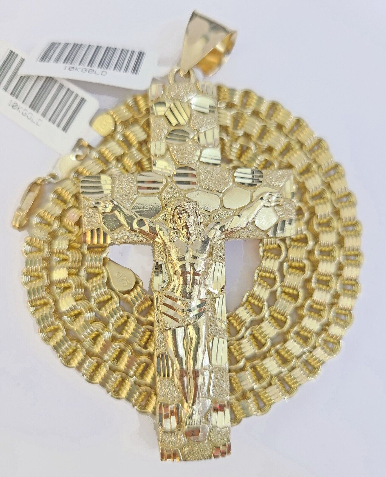 Real 10k Gold Nugget Cross Byzantine Necklace 4mm 20" Chain Charm SET 10kt