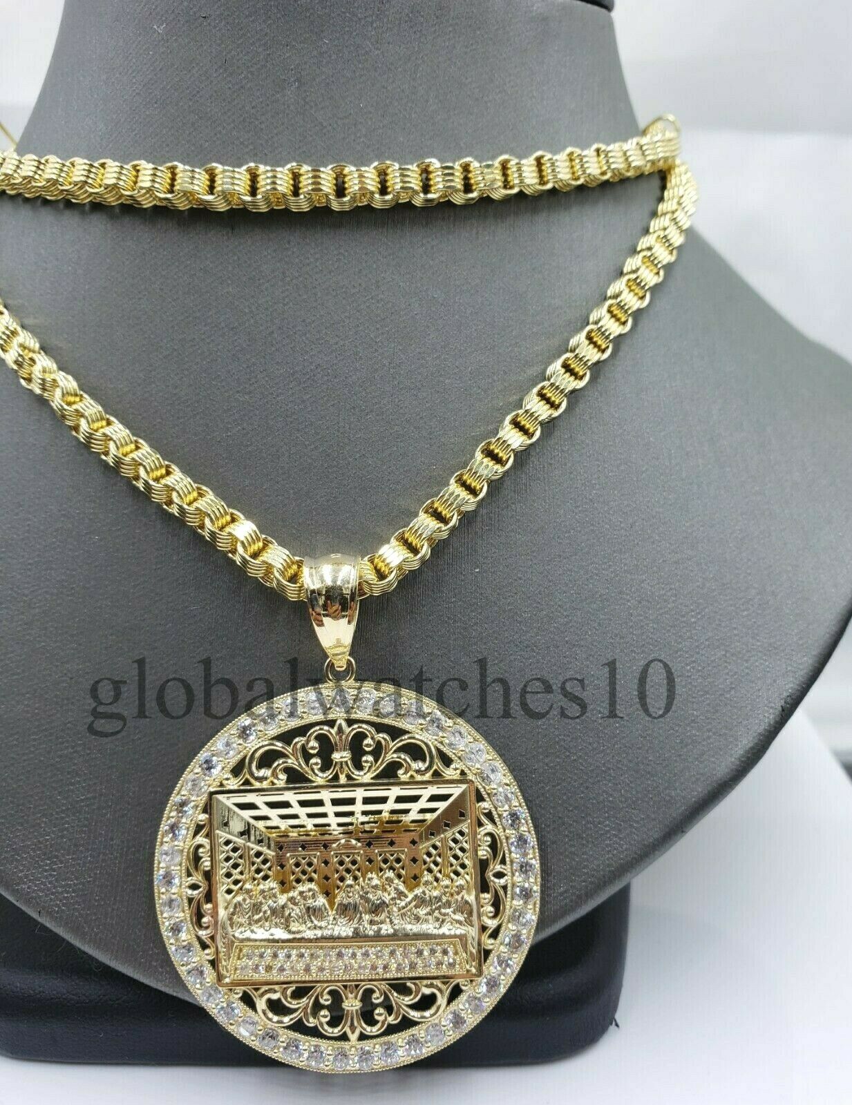 REAL 10k Gold last supper Pendant Charm Jesus & Mens 10k Byzantine Box Chain Set