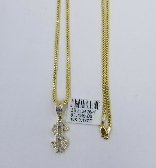 10k Yellow Gold Franco Chain & Diamond Dollar Sign Pendant SET 22" 0.17CT  REAL