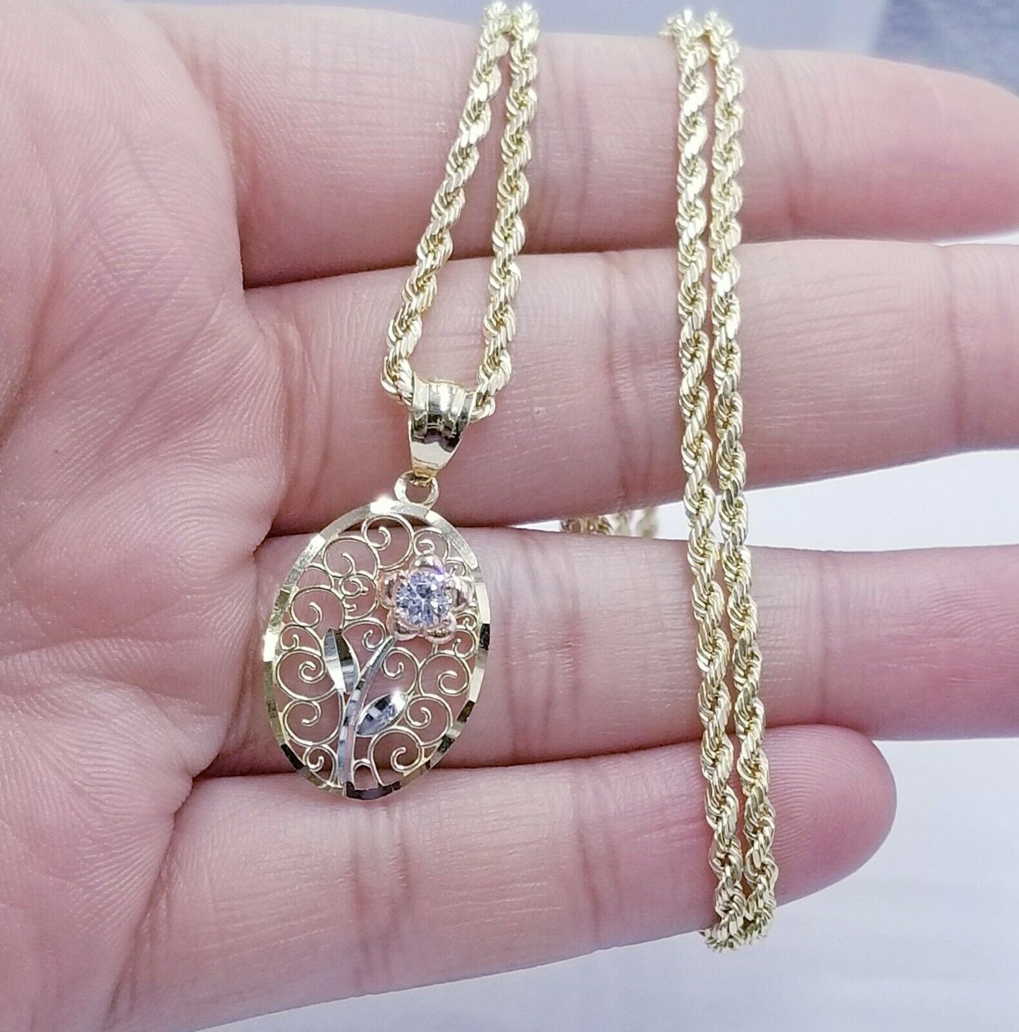 10k Yellow Gold Rope Chain & Flower Pendant Diamond cut 18" 20" 22" 24" 26" 28"