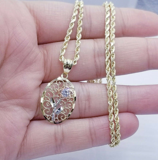 10k Yellow Gold Rope Chain & Flower Pendant Diamond cut 18" 20" 22" 24" 26" 28"