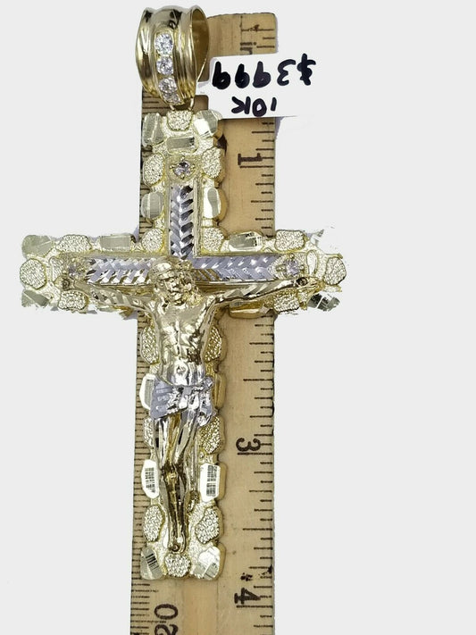 Real 10k Yellow Gold Men Jesus Cross Charm with Miami Cuban Chain in Diamond Cut