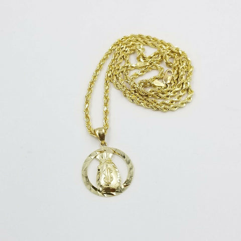 Real 10K Gold Dollar Bag Charm 3mm Round Pendant Rope Chain 18 20 22 24 26 Inch