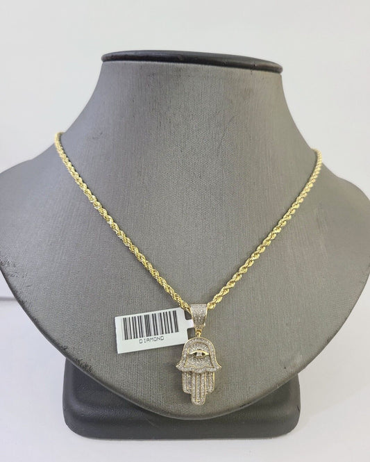 10k Yellow Gold & Diamond Hamsa Hand Charm and 30" inches Rope Chain