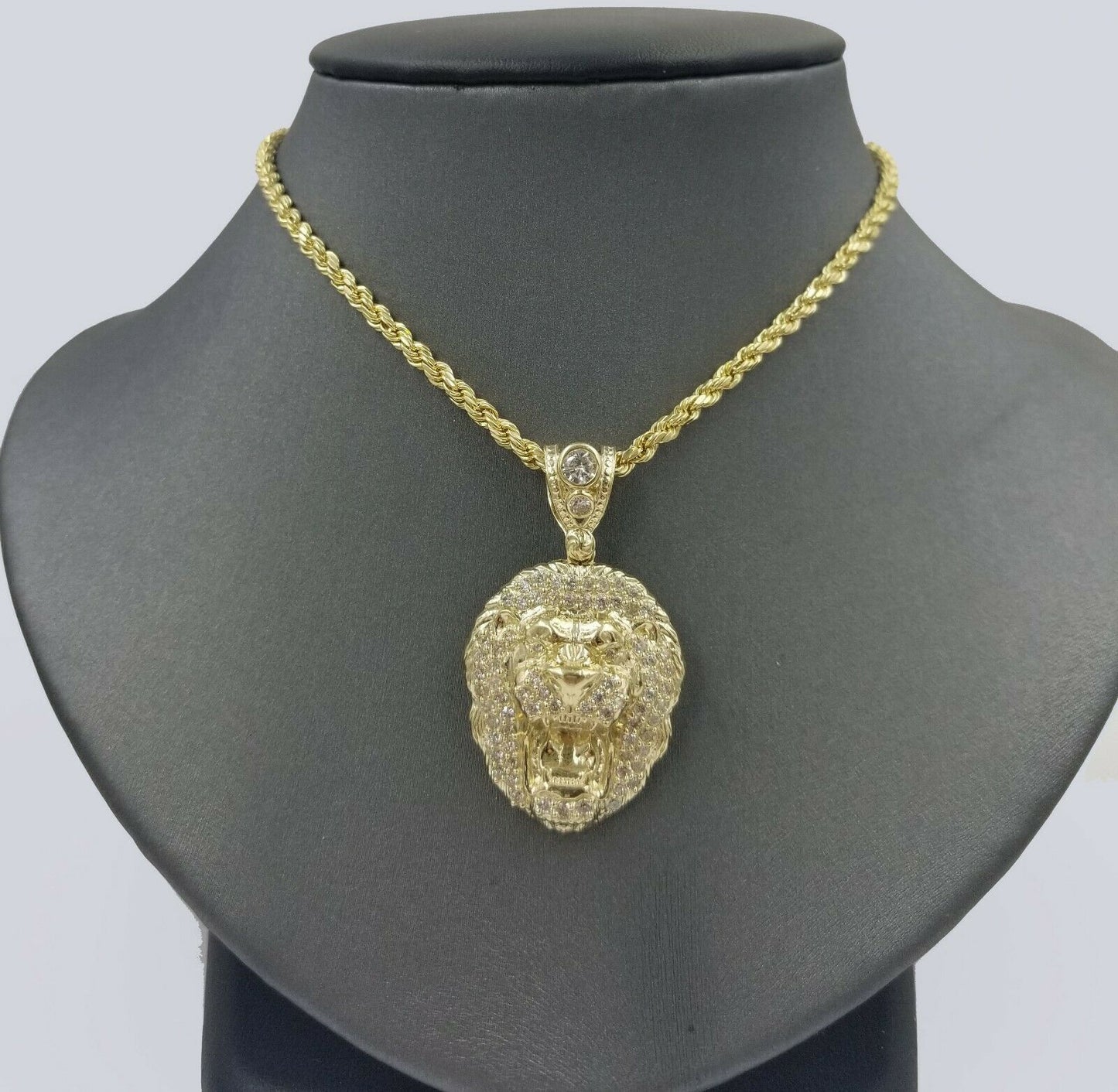 10k Yellow Gold Roaring Lion Head Charm Pendent With 3mm Rope Chain 20 22 24