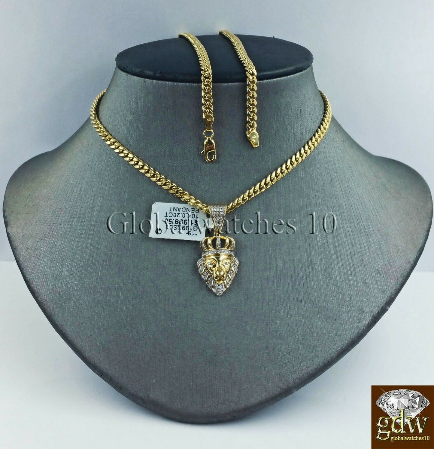 10k Gold & Diamond Lion's Head Charm with 26" Inch Miami Cuban Chain, Men, Real.