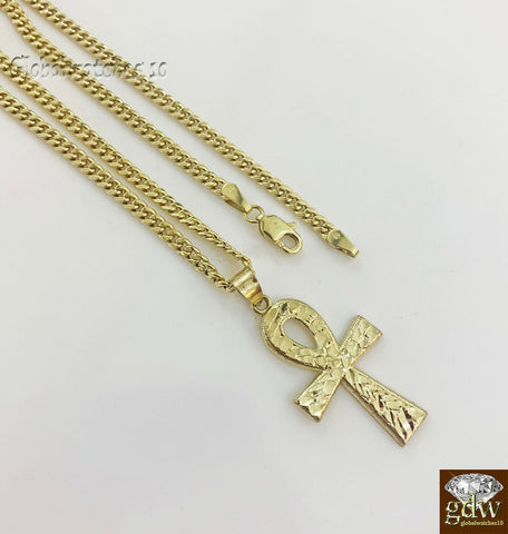 Real 10k Gold Ankh Cross Charm Pendant with Miami Cuban Chain 22" 24" 26" 28" In