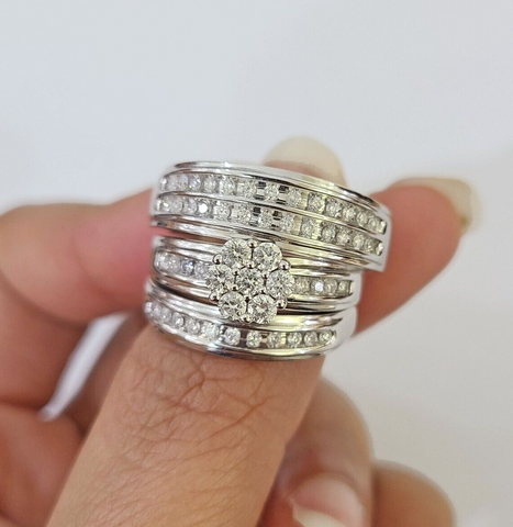 REAL 14k White Gold Diamond Ring Ladies Men Trio SET Wedding Engagement Genuine
