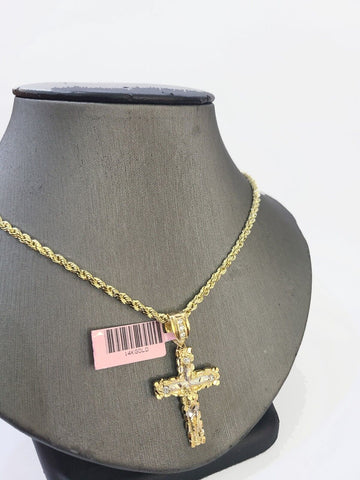 14k Yellow Gold Rope Chain & Jesus Nugget Cross Charm SET 4mm 16 Inches Necklace