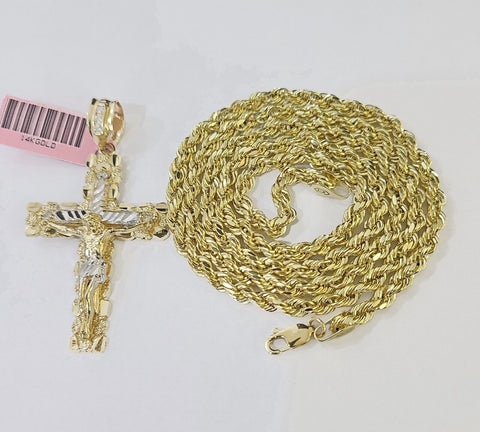 14k Yellow Gold Rope Chain & Jesus Nugget Cross Charm SET 4mm 18 Inches Necklace