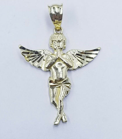 10k Yellow Gold Praying Angel Charm Diamond Cut Guardian Angel Pendant Real