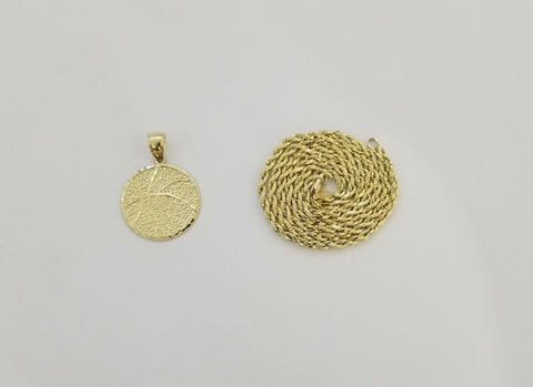 10k Real Gold Circular Basketball Pendant with 2mm Rope Chain Necklace Set