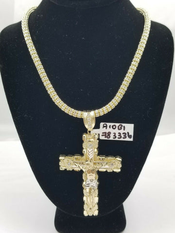 Real 10k Yellow Gold Cross Pendant Nugget Jesus Charm 2.9" 3.9" For Thick Chain