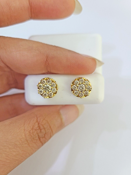 10k Yellow gold Flower Earrings with Real 0.96CT diamond screw-bag ,Women studs