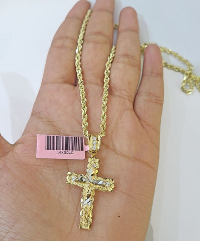 14k Yellow Gold Rope Chain & Jesus Nugget Cross Charm SET 4mm 16 Inches Necklace