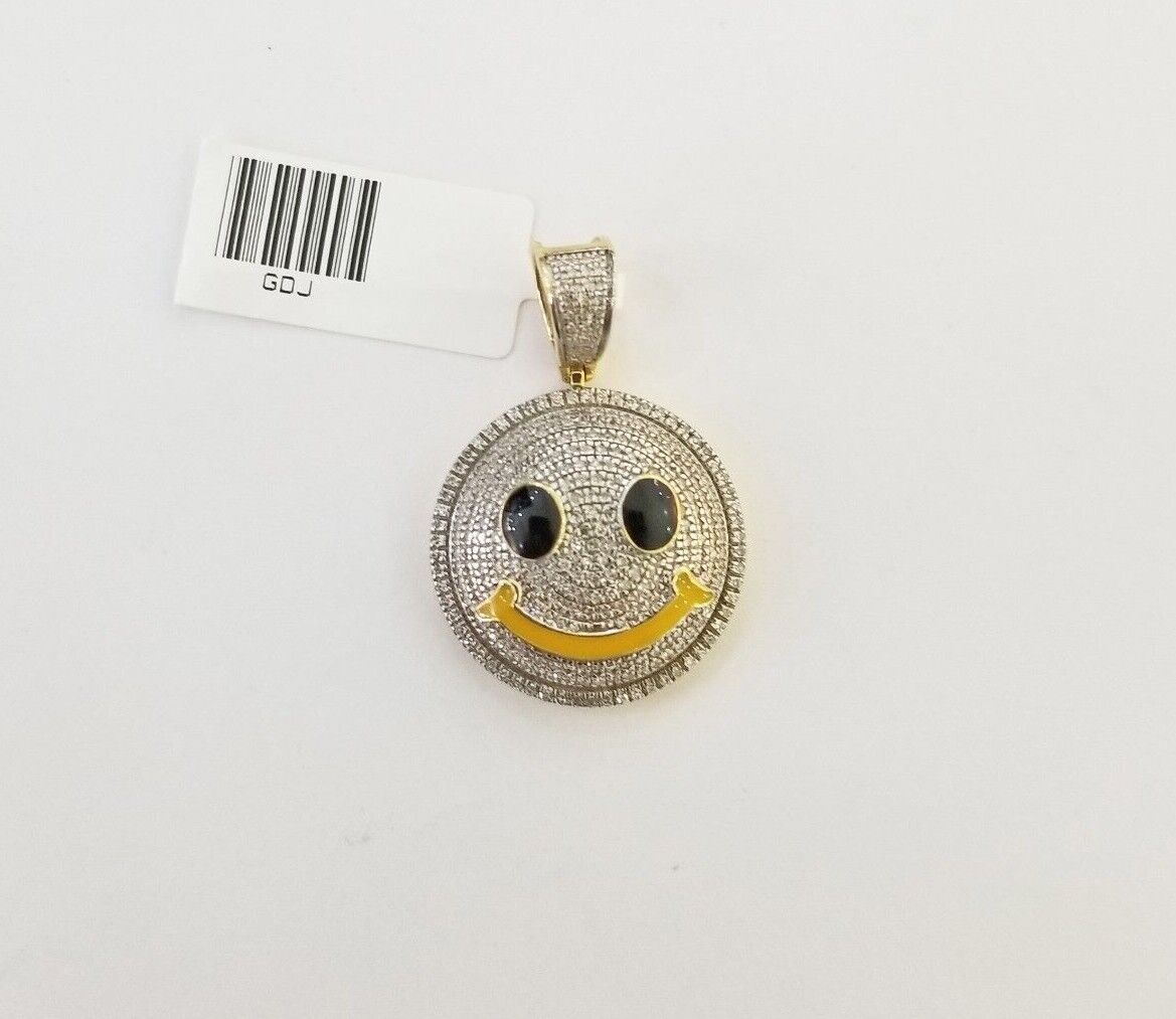 10K Yellow Gold Smile Emoji Pendant Real Diamond 1" Round Happy Emotion Charm