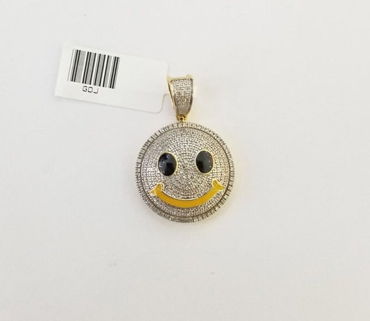 10K Yellow Gold Smile Emoji Pendant Real Diamond 1" Round Happy Emotion Charm