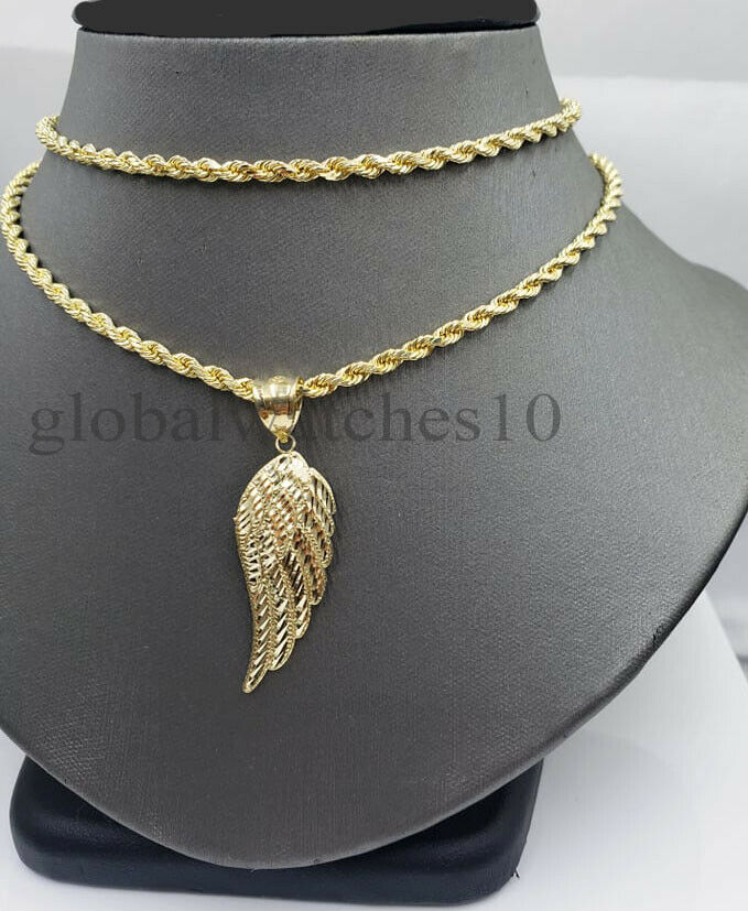 10k Yellow Gold Pendant Angle Wing 10k Gold Rope Chain Men Women Cross