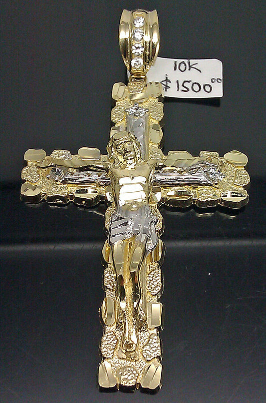 10K Real Yellow Gold Nugget Cross Charm Diamond Cut Men Ladies Unisex