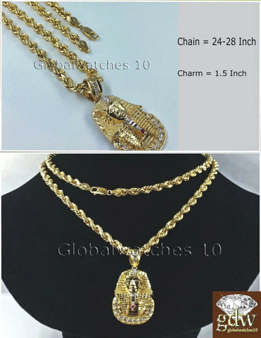Real Men 10k Gold 26" Inch Rope Chain Egyptian Pharaoh Head Charm Pendant