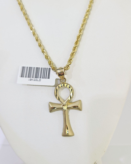 10k Gold Rope Chain & Ankh Cross Charm Pendent SET 3mm 26Inches Necklace