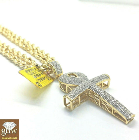 REAL 10k Yellow Gold Cross Ankh Charm Real Diamond & 24 Inch Rope Chain Necklace