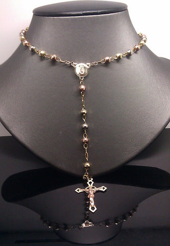 Real 10k Gold Rosary Necklace Chain cross Pendant trio-color Gold Unisex