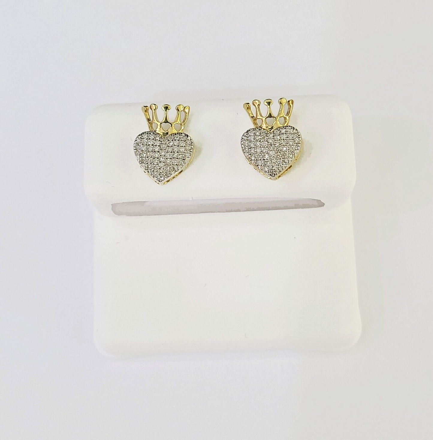 10k Yellow gold Crown Heart Earring Real Diamond screw-back Women Men studs