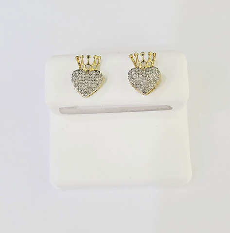 10k Yellow gold Crown Heart Earring Real Diamond screw-back Women Men studs