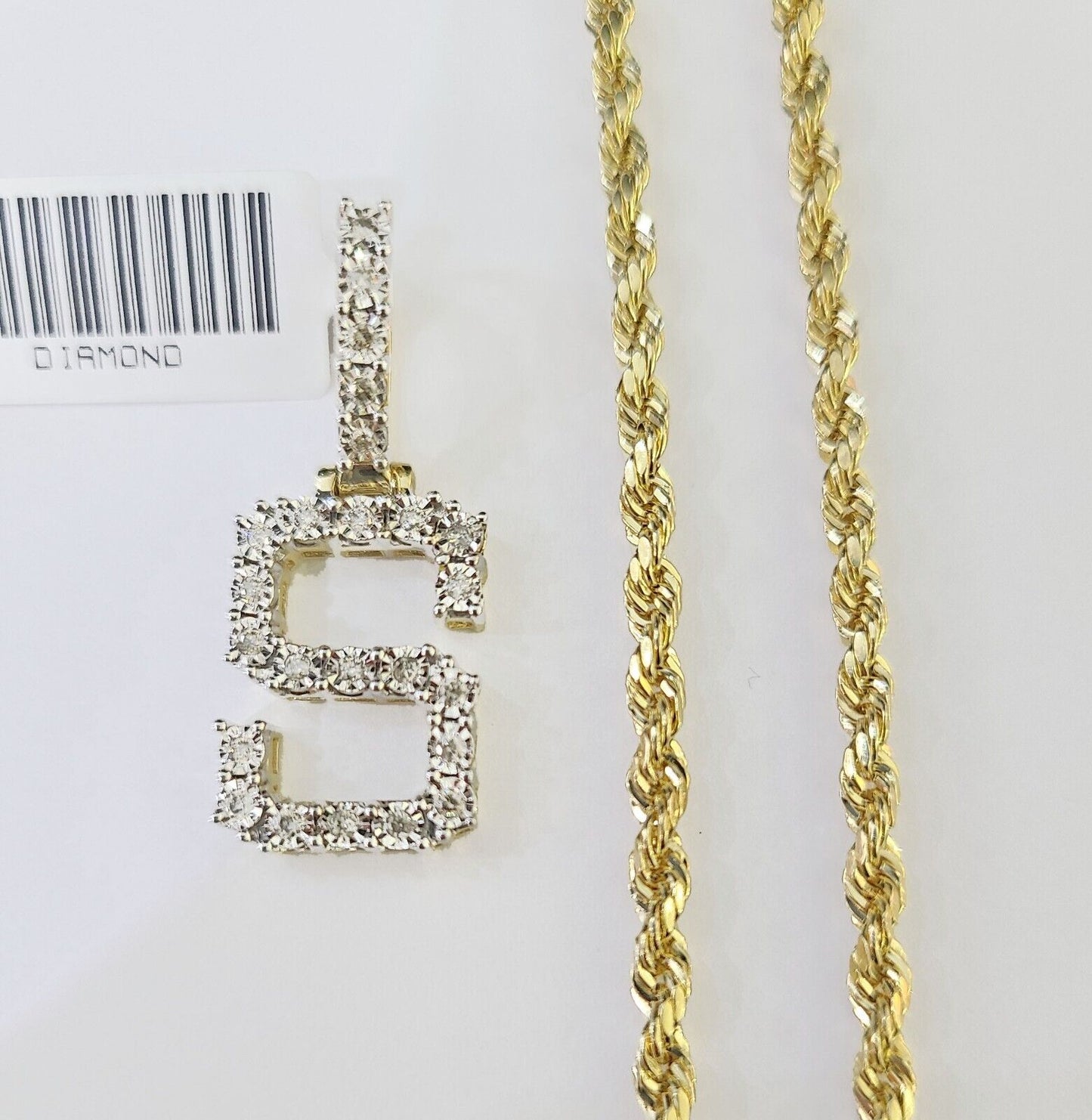 Real 10k Yellow Gold Genuine Diamond "S" Initial Pendent with 22 Inch Rope Chain