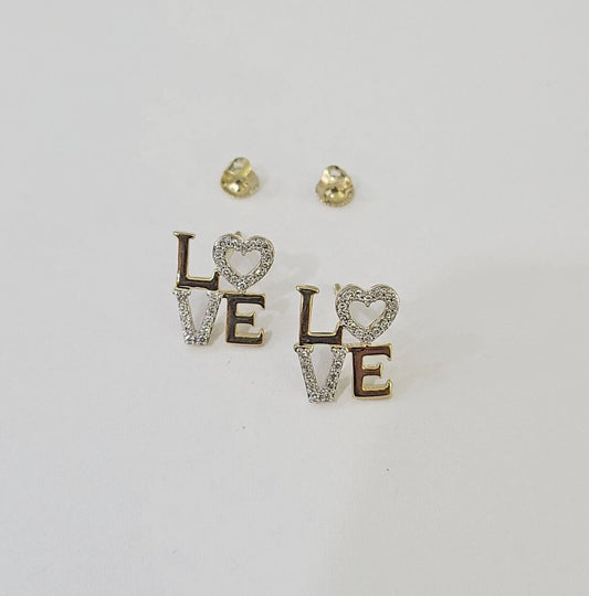 10k Yellow gold LOVE Heart Earrings Real Diamond screw-back Women Men studs