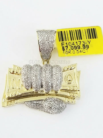 10k Real Yellow Gold Diamond Hand With $100 Money Charm/Pendant Real Diamond Men
