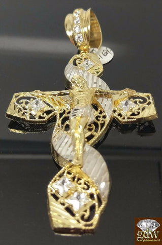 New 10k Yellow White Gold Jesus Crucifix Cross Pendent Diamond Cut