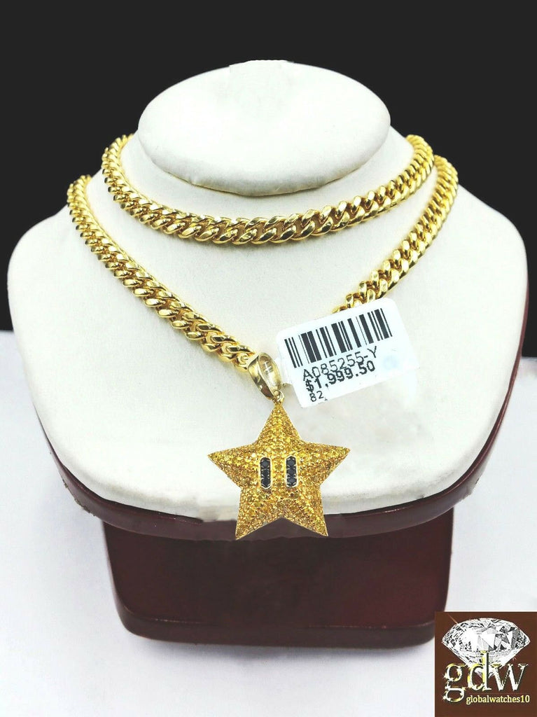Real 10k Yellow Gold & Real Diamond Star Emoji Charm 24Inch Miami Cuban Chain