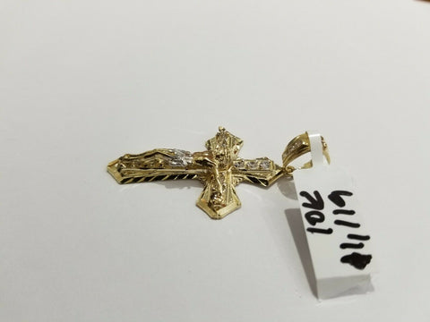 10k Yellow Gold Men Jesus Cross Charm pendant Diamond Cut Crucifix 2" REAL 10k