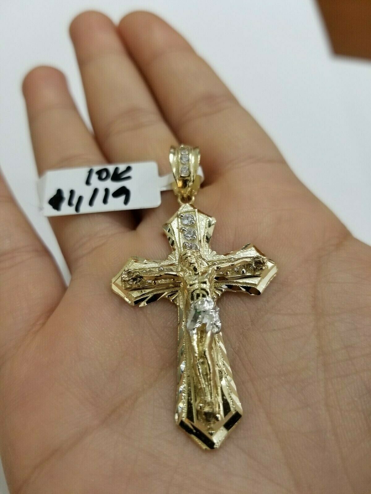 10k Yellow Gold Men Jesus Cross Charm pendant Diamond Cut Crucifix 2" REAL 10k