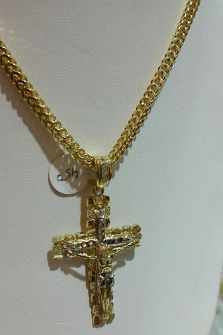 Real 10k Yellow Gold Mens Jesus Cross Charm/Pendant With 20" Franco Chain