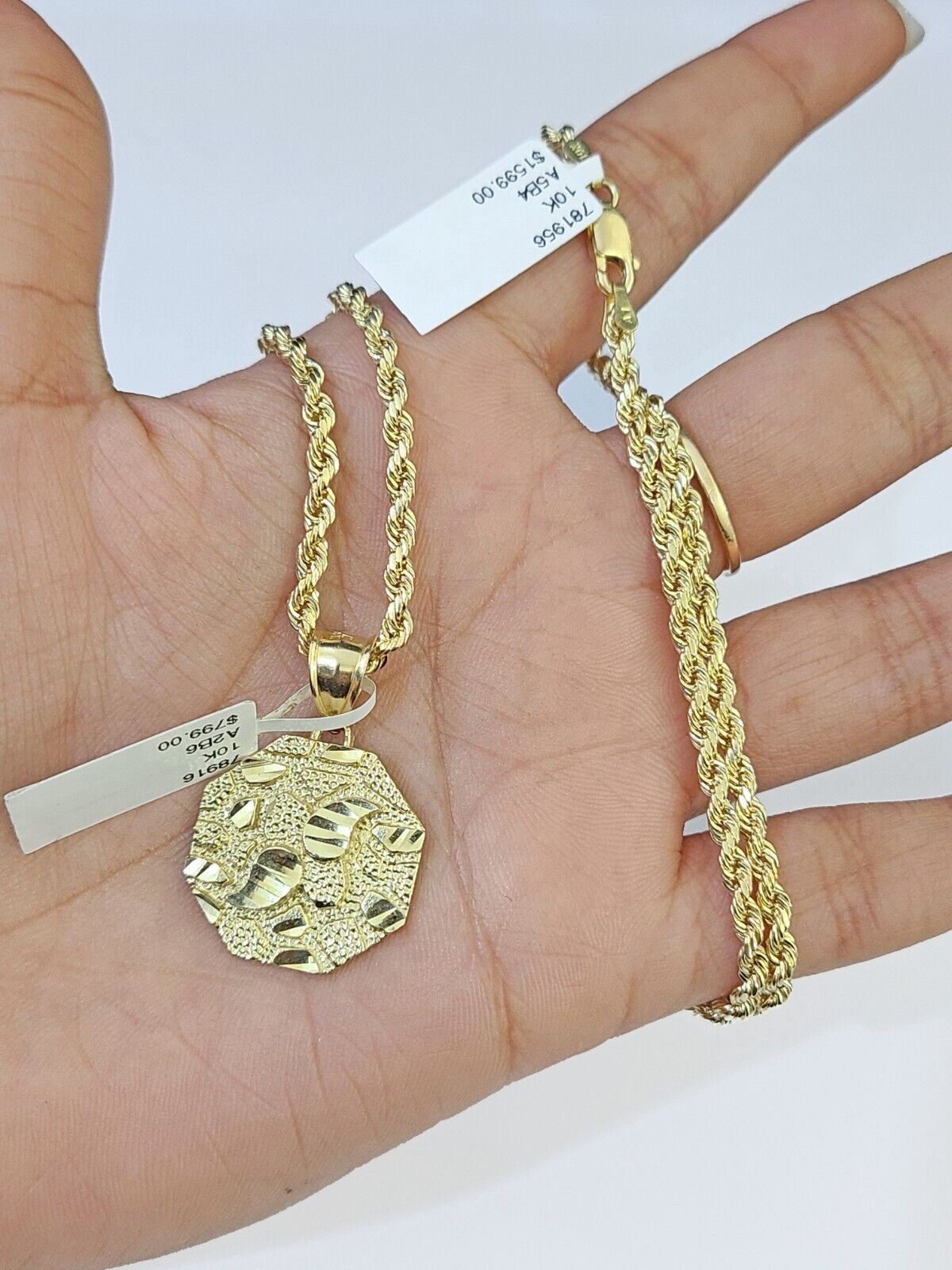 10k Gold Rope Chain & Octagonal Nugget Charm Pendent SET 3mm 22Inches Necklace