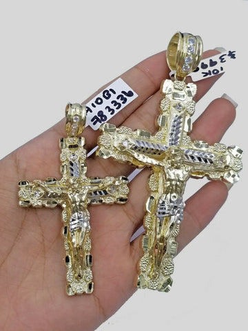 Real 10k Yellow Gold Cross Pendant Nugget Jesus Charm 2.9" 3.9" For Thick Chain