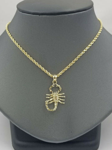 10k Gold Zodiac Scorpio Charm Pendant 2.5mm Rope Chain 18 20 22 24 26 28 Inches