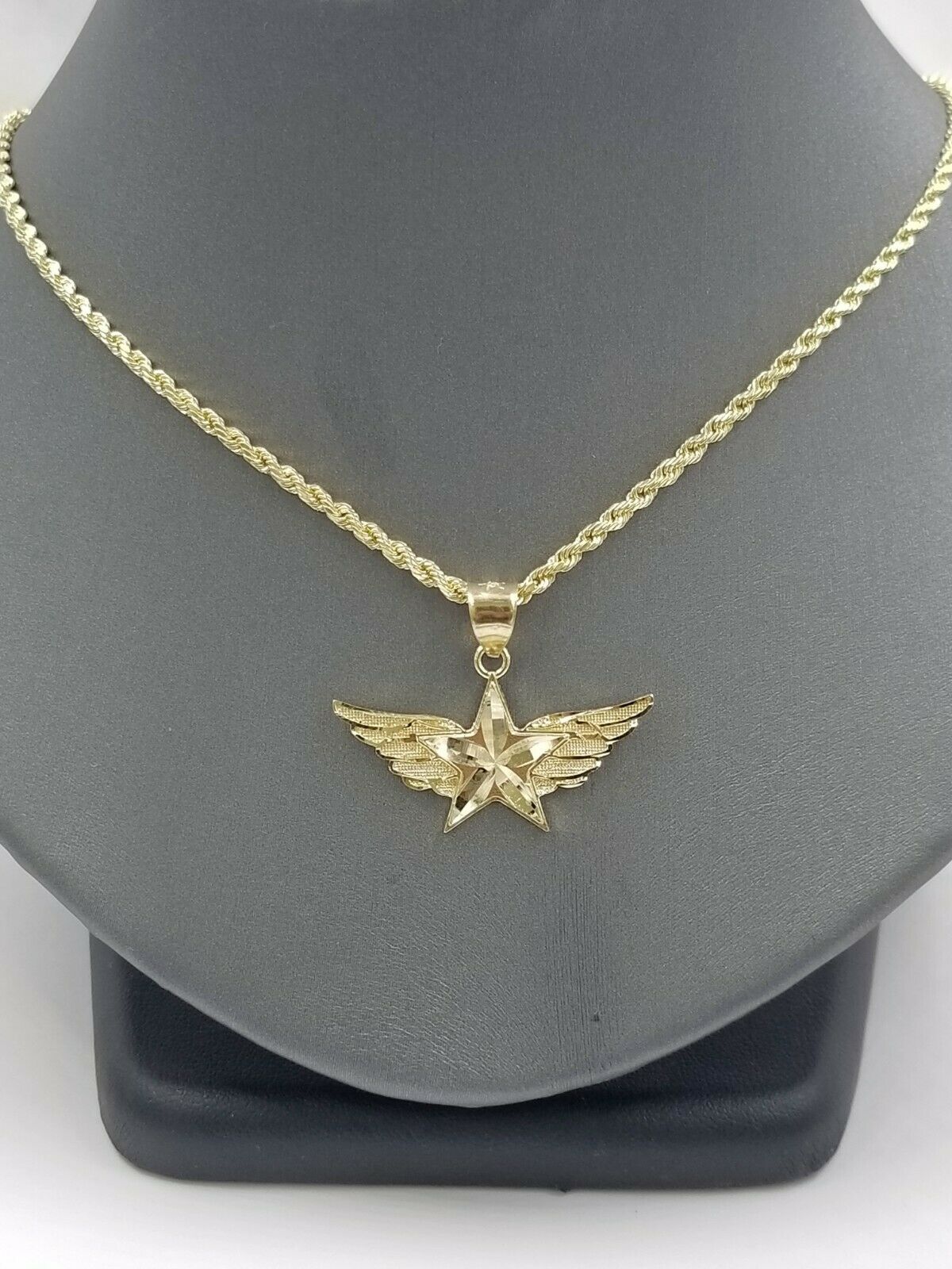 10k Gold Mens Starwings Charm Pendant 2.5mm Rope Chain in 18 20 22 24 26 28 Inch