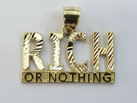 10k Yellow Gold RICH Or Nothing Charm Diamond Cut Pendant For Men Women Real