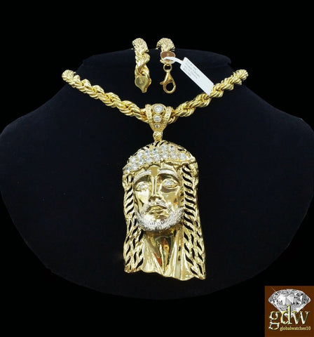 10k Real Yellow Gold Men Jesus Head Charm 24" Inche Rope Chain Cross