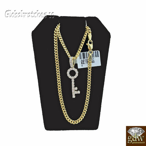 10k Gold Key Charm Pendant with Miami Cuban Chain in 20 22 24 26 inch,Real Gold