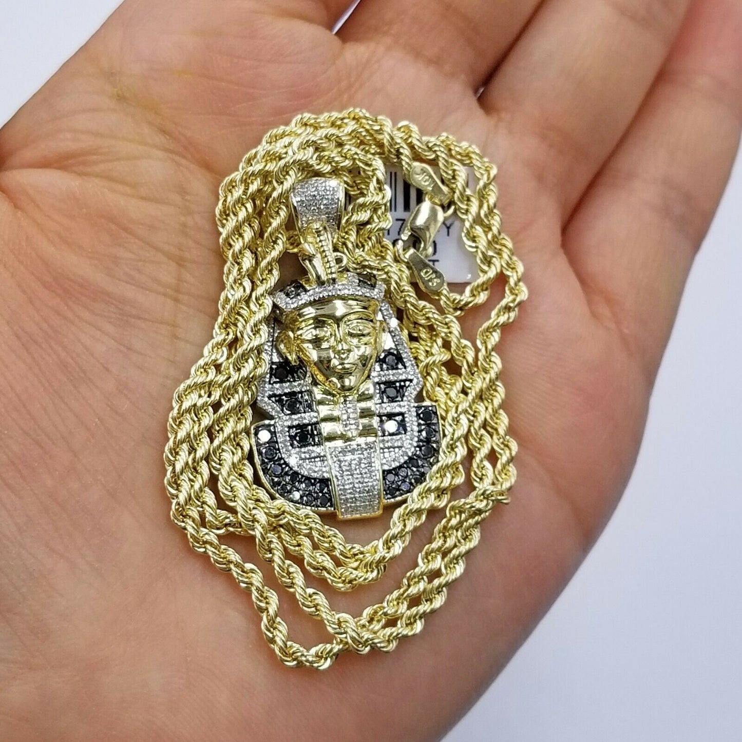 10k Yellow Gold Pharaoh Head Pendant Rope Chain 24" Black White Diamond 0.81CT