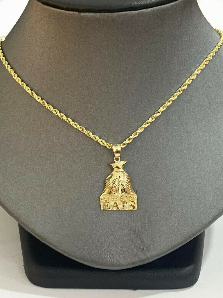 10k Gold Dollar Bag Charm Pendant in 2.5mm variant Rope Chain "Every Body EATS"