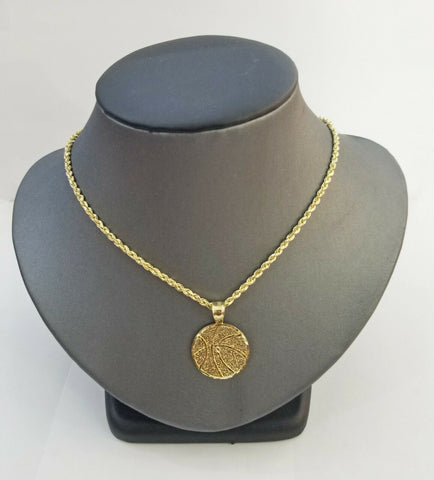 10k Real Gold Circular Basketball Pendant with 2mm Rope Chain Necklace Set